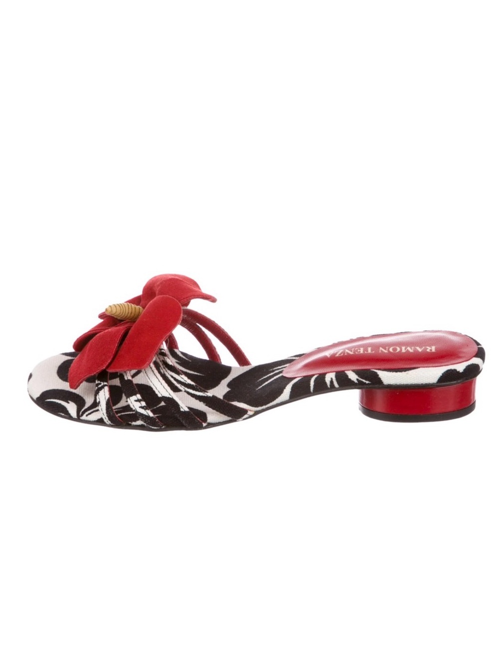 Ramon Tenza Black & White Floral slip on sandal Red suede Flower Accent sz 8